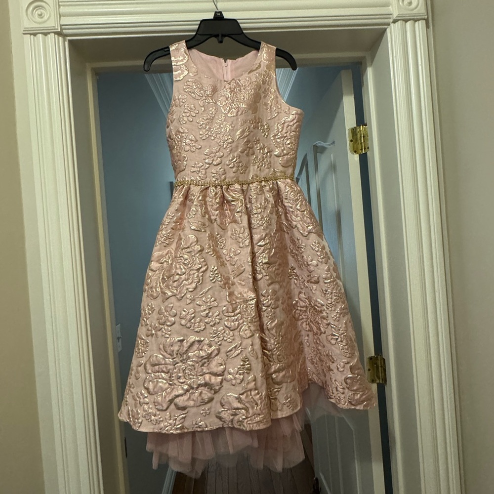 Light pink with gold shimmer overlay party dress with an asymmetrical hem.